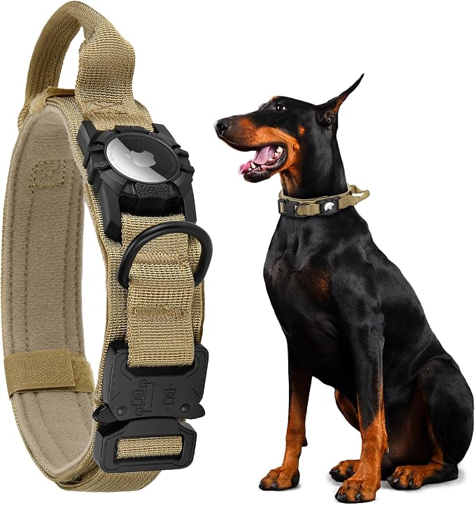 Tactical AirTag Dog Collar - Heavy Duty, Adjustable GPS Collar | Compatible with Apple AirTag, with Holder & Control Handle for Medium/Large Dogs [ Brown, XL ]