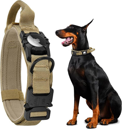 Tactical AirTag Dog Collar - Heavy Duty, Adjustable GPS Collar | Compatible with Apple AirTag, with Holder & Control Handle for Medium/Large Dogs [ Brown, XL ]
