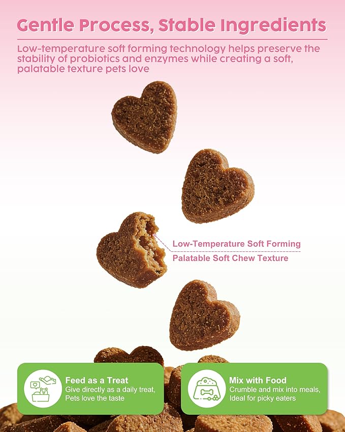 Probiotic Soft Chews for Dogs & Cats - 600M CFU Multi-Strain Probiotics, Prebiotics & Digestive Enzymes - Chicken Flavor Daily Gut Health Supplement - 60 Soft Chews (120g)