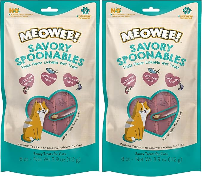 MEOWEE! Savory Spoonables with Real Salmon, Tuna & Krill, 8 Count Tube, Triple Flavor Squeezable Lickable Wet Treats for Cats with Built-in Spoon for Less Mess (Pack of 2)