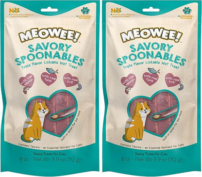 MEOWEE! Savory Spoonables with Real Salmon, Tuna & Krill, 8 Count Tube, Triple Flavor Squeezable Lickable Wet Treats for Cats with Built-in Spoon for Less Mess (Pack of 2)