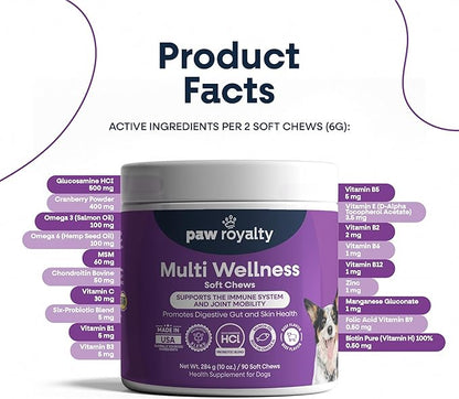 Multi Wellness Dog Multivitamin | Glucosamine, Chondroitin, Probiotics & Omega 3 for Joint Mobility, Digestive & Immune Support for Dogs| Beef Flavor Soft Chews, 90 Count