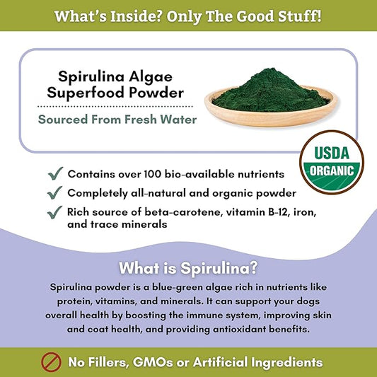 Wholistic Pet Organics Spirulina Powder for Dogs and Cats - Antioxidant Support for Dogs and Cats - Immune Support Supplement, Promotes Overall Wellness - Human-Grade Superfood for Pets - 85 Scoops