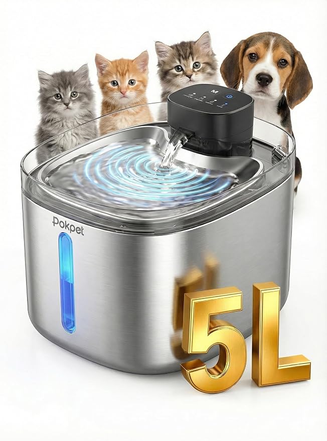 5L Smart Cat Dog Water Fountain, Stainless Wireless Dog Water Bowl | 5L wireless cat dog fountain for small dogs and multi-cat homes, sensor flow, quiet use, 4000mAh battery ,8 filter set