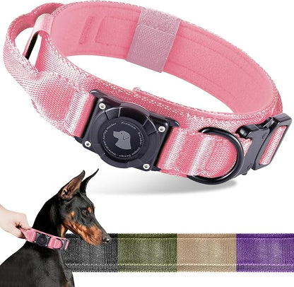 2026 Upgrade Waterproof AirTag Dog Collar, Military Tactical Dog Collar with AirTag Holder, Comfortable Control Handle and Metal Buckle, GPS Dog Collar Holder for Medium to Large Dogs (Pink,L)