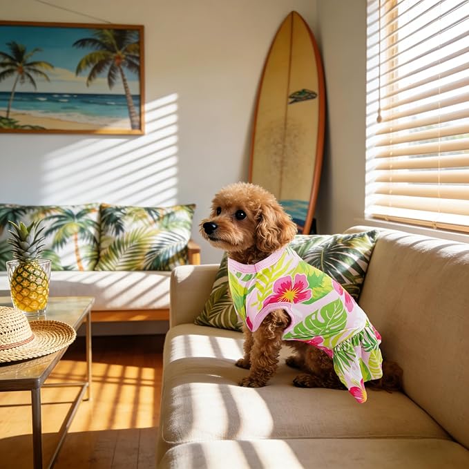 4PCS/Pack Hawaiian Dog Dresses for Extra Small Dogs Girl Female Pink Red Blue Yellow Puppies Doggies Kittens Skirts Summer Sundress Pineapple Flower Pattern for Holiday Party Beach XS