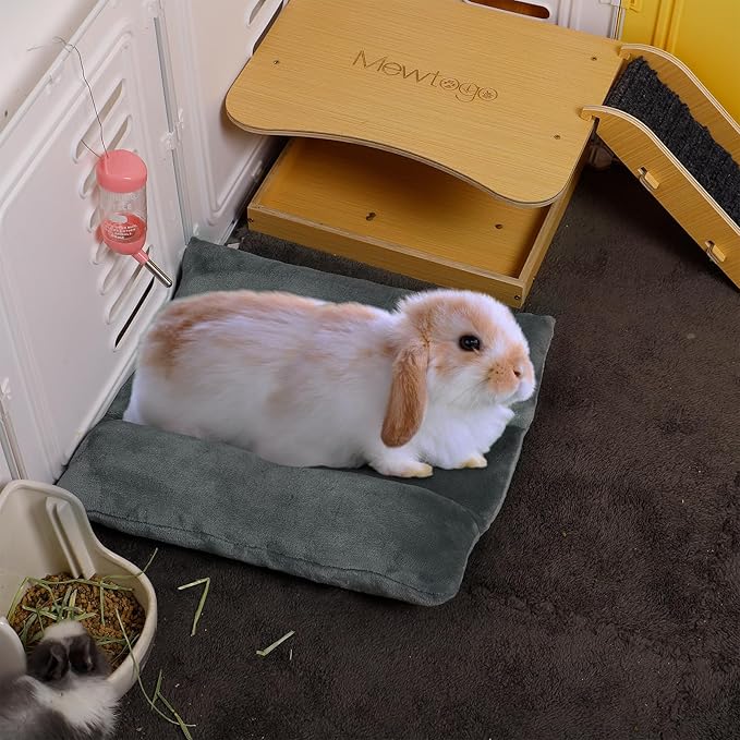 MEWTOGO 14" x 13" Bunny Bed for Rabbit Cage - Thickened Soft Prevent Sore Hocks Plush Mat with Cotton Lounger Pillows, Small Animal Flop Mat for Hutch Sleeping Indoor, Gray