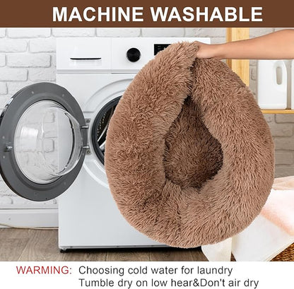 Dog Calming Beds for Small Medium Large Dogs - Round Donut Washable Puppy Dog Bed, Anti-Slip Faux Fur Fluffy Donut Cuddle Anxiety Cat Pet Bed(16'' Khaki