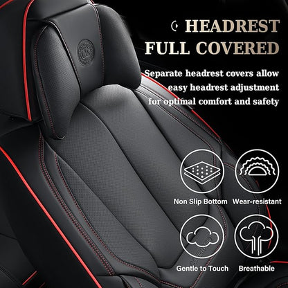 Coverado Universal Seat Covers Full Set, 5 Seats Universal Seat Covers for Cars, Waterproof Nappa Leather Car Seat Covers with Head Pillow, Auto Protectors Fit for Most Pick-up Truck, Black&Redline