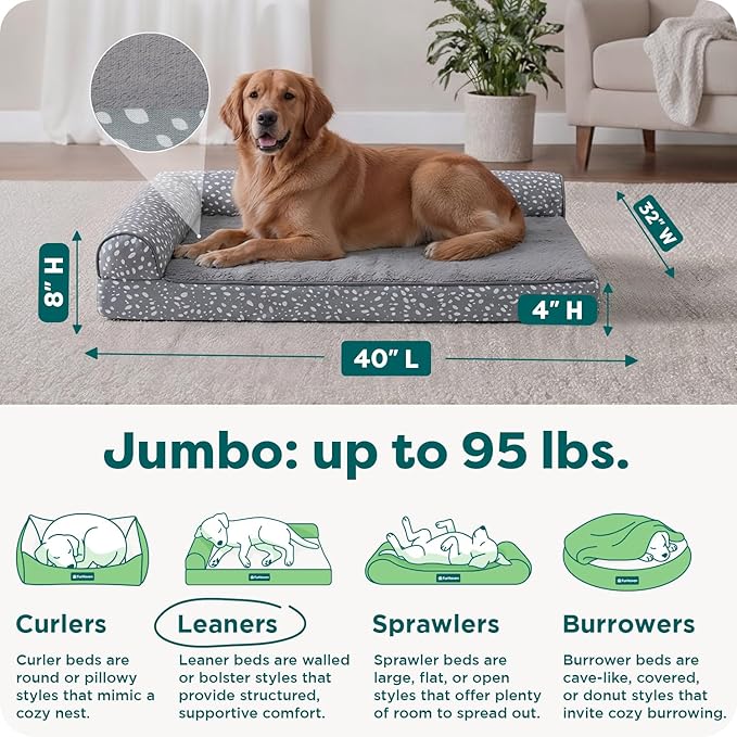 FurHaven Orthopedic Dog Bed for Large Dogs, L-Shaped Chaise Mattress, Egg Crate with a Solid Orthopedic Foam Base for Joint Support, Removable, Washable Cover, Jumbo XL, Plush & Velvet, Gray Almonds
