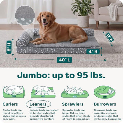 FurHaven Orthopedic Dog Bed for Large Dogs, L-Shaped Chaise Mattress, Egg Crate with a Solid Orthopedic Foam Base for Joint Support, Removable, Washable Cover, Jumbo XL, Plush & Velvet, Gray Almonds