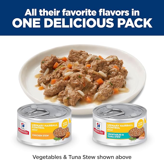 Hill's Science Diet Adult Urinary & Hairball Control Wet Cat Food Variety Pack, Chicken Stew, Vegetables & Tuna Stew, 2.9 oz. Cans, 12-Pack