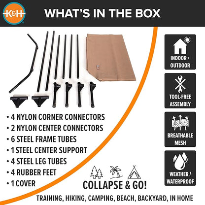 K&H Outdoor Elevated Dog Bed - Cooling Raised Dog Bed for Extra-Large & Giant Pets, Breathable Mesh Hammock Design, Indoor/Outdoor Washable Cover, Portable Metal Frame, Tan, Jumbo 56x38in