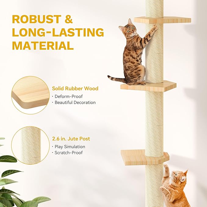 YITAHOME Cat Wall Shelves with Scratching Post, Cat Tower with Solid Wood Wall Shelves, Multi-Level Cat Climbing Furniture with Hideout & Runway