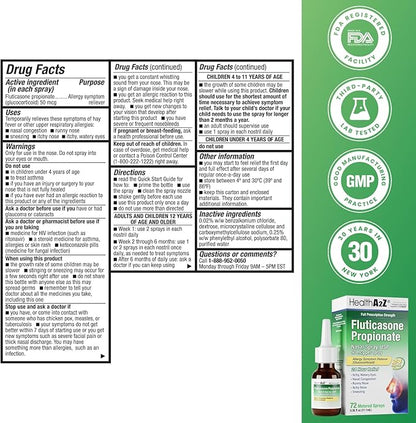 HealthA2Z® Fluticasone Propionate Nasal Spray | 50 mcg per Spray | 24 Hour Allergy Relief | 72 Sprays | 0.38 fl oz. (11.1mL) | Nasal Decongestant | Non-Drowsy | Allergy Relief Spray