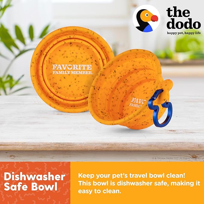 The Dodo Collapsible Dog Bowl, Yellow; Travel Dog Bowl That Folds Flat and Clips with Carabiner for Easy Storage and Carry
