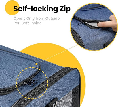 Conlun Dog Carrier Soft Sided, Large Cat Carrier with Inner Safety Leash, Pet Transport Carrier for Large Cats and Medium Dogs up to 20 Lbs, Collapsible Travel Puppy Carrier Bag -Blue L