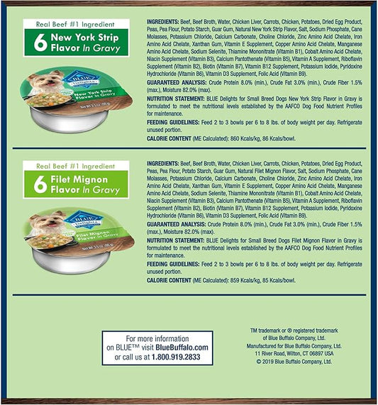 Blue Buffalo Delights Natural Adult Small Breed Wet Dog Food, Variety Pack, Made with Natural Ingredients, Filet Mignon & New York Strip Recipe in Hearty Gravy, 3.5-oz. Cups (12 Count, 6 of Each)