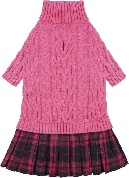 IECOii Girl Dog Sweater Dress - Cable Knit Dog Sweater for Small Dogs Girl - Pink, Medium, Turtleneck Pullover Sweaters with Tartan Plaid Skirt, Adorable Warm Dog Knitted Dress for Christmas