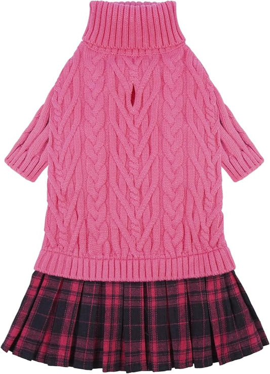 IECOii Girl Dog Sweater Dress - Cable Knit Dog Sweater for Small Dogs Girl - Pink, Medium, Turtleneck Pullover Sweaters with Tartan Plaid Skirt, Adorable Warm Dog Knitted Dress for Christmas