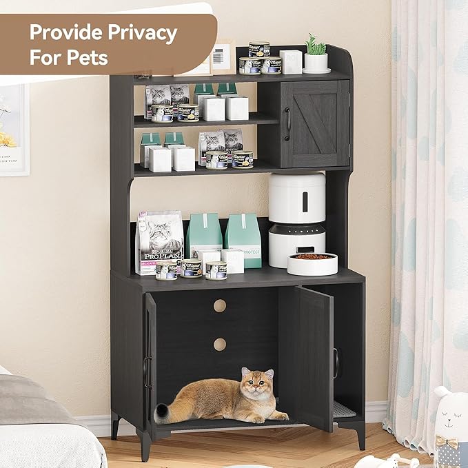 GarveeLife Cat Litter Box Enclosure with Shelves, Litter Box Cabinet, Hidden Cat Box Furniture with Scratching Mat, Wood Sturdy Cat Washroom Storage, Indoor Cat House, Walnut