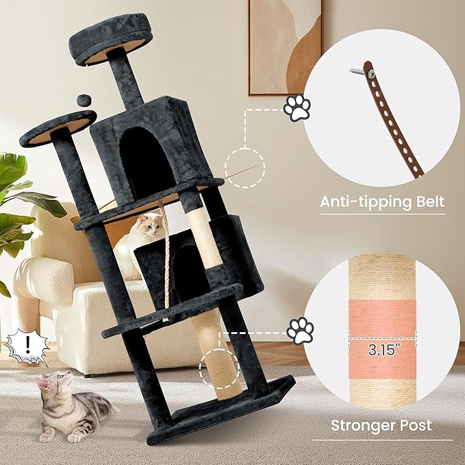 58.5inch Large Cat Tree Tower Condo for Indoor Cats, Soft Plush Multi-Level Climbing Tree Cat House with Cat Cave, Scratching Post, More Entrance/Exit, Sisal Rope, Deep Grey