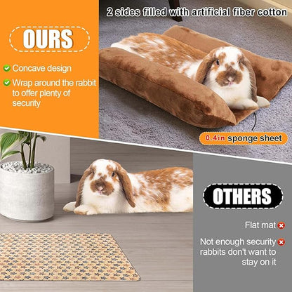 MEWTOGO 15.7" x 14" Bunny Bed for Rabbit Cage - Thickened Soft Prevent Sore Hocks Plush Mat with Cotton Lounger Pillows, Small Animal Flop Mat for Hutch Sleeping Indoor, Brown