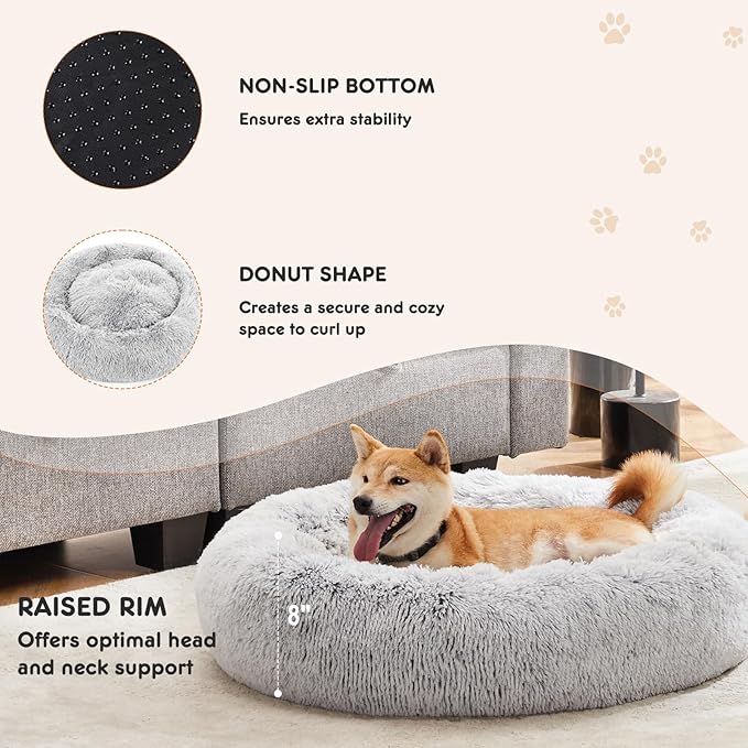 Sweetcrispy 30.7"x30.7" Donut Dog Bed, Large Round Calming Cat Bed with Washable Waterproof Cushion, Anti-Anxiety & Anti-Slip Fluffy Cuddle Cozy Faux Fur Plush for Pet Puppy Indoor Sleeping, Gery