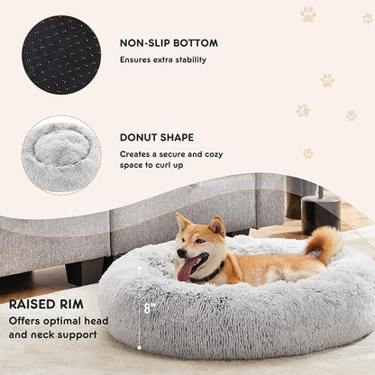 Sweetcrispy 30.7"x30.7" Donut Dog Bed, Large Round Calming Cat Bed with Washable Waterproof Cushion, Anti-Anxiety & Anti-Slip Fluffy Cuddle Cozy Faux Fur Plush for Pet Puppy Indoor Sleeping, Gery
