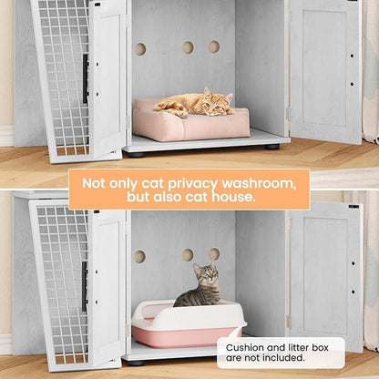 Cat Litter Box Enclosure Furniture with Double Layer Design, Hidden Litter Box & Lounge Villa for Indoor Cats - Includes Ladder, Platform, and Washroom Space for Living Room, Antique White