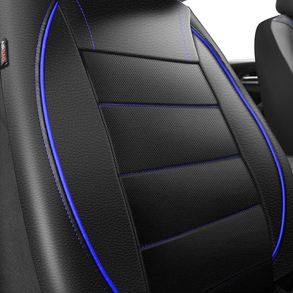 CAR PASS Universal FIT Piping Leather Two Front Seat Covers, Waterproof Faux Leather for SUV Sedan Van Truck, Airbag Compatible,Reserved Opening Holes for Headrest Covers. (Black and Blue)