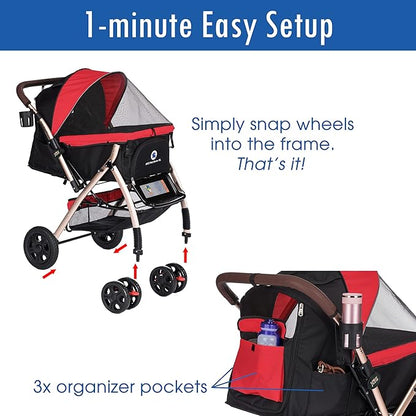 HPZ Pet Rover XL Extra-Long Premium Heavy Duty Dog/Cat/Pet Stroller Travel Carriage with Convertible Compartment/Zipperless Entry/Pump-Free Rubber Tires for Small, Medium, Large Pets (Red 2nd-Gen)
