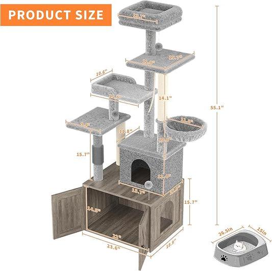 Cat Tree with Litter Box Enclosure Large, Multilevel Cat Play House with Large Condo, Spacious Hammock, Cozy Top Perch,Scratching Post and Dangling Balls