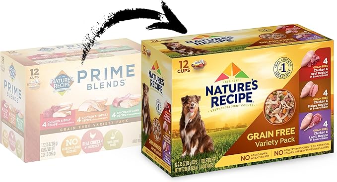 Nature's Recipe Grain Free Wet Dog Food Variety Pack, Chicken Recipes with Beef, Turkey & Lamb in Savory Broth, 2.75 oz. Cups (Pack of 48)