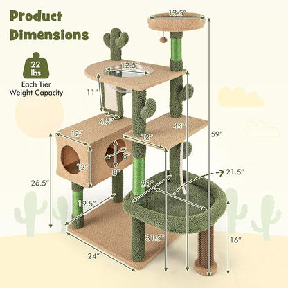 PETSITE 59 inch Cactus Cat Tree Tower, Multi-Level Cat Tower with Sisal Scratching Posts, Board and Rope, Cat Condo, Capsule Bed, Hanging Ball and Self Groomer, Cute Cat Tree for Indoor Cats