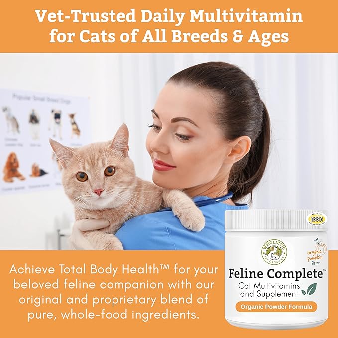 Wholistic Pet Organics Feline Complete Organic Pumpkin - 4 Oz - Multivitamin & Probiotic Powder for Cats - Natural Cat Food & Digestive Support - 37 Scoops