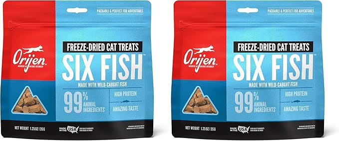ORIJEN Freeze Dried Cat Treats Grain Free High Protein Raw Animal Ingredients Six Fish 1.25oz Bag,(Pack of 2)