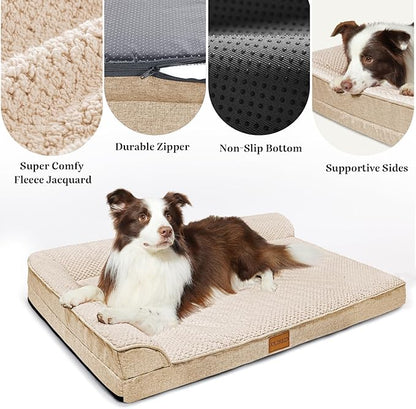 Orthopedic XL Dog Bed Large Sized Dog 48''X30'', Waterproof L Bolster Extra Large Egg Crate Foam Pet Crate Beds with Washable Removable Cover, Non-Slip Soft Pet Couch Mat, Ivory
