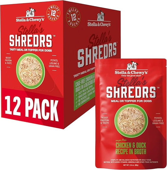 Stella & Chewy's Cage Free Chicken & Duck Shredrs - Premium Dog Food Pouches - Perfect for Picky Eaters- 12 Pack, 2.8oz Each