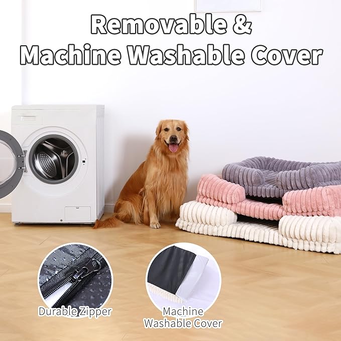 Waterproof Dog Bed for Small and Medium Dogs, Orthopedic Support with Removable Washable Cover, Egg Crate Foam & Stripe Faux Rabbit Fur, 32x20x3 Inches, Gray