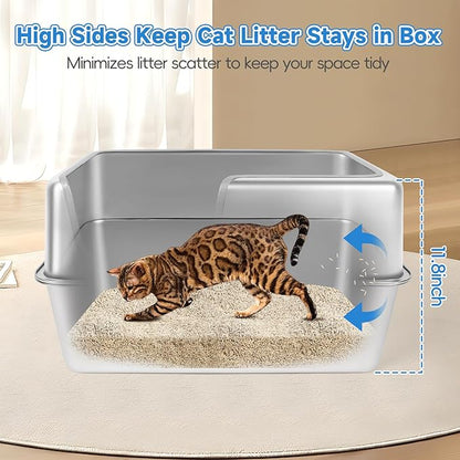 Stainless Steel Cat Litter Box, 23.6" L x 15.7" W x 11.8" H XXL Extra Large Semi Enclosed Removable Metal Litter Tray with High Sided Enclosure, Scoop, Non-Sticky, Easy Cleaning