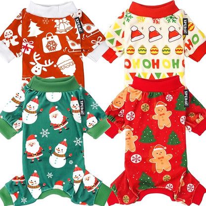 XPUDAC 4 Pieces Dog Christmas Outfit Pajamas Santa Claus Pet Clothes Cute Dog Pajamas Costumes for Dogs Girl Boy, Red Green, 4XL