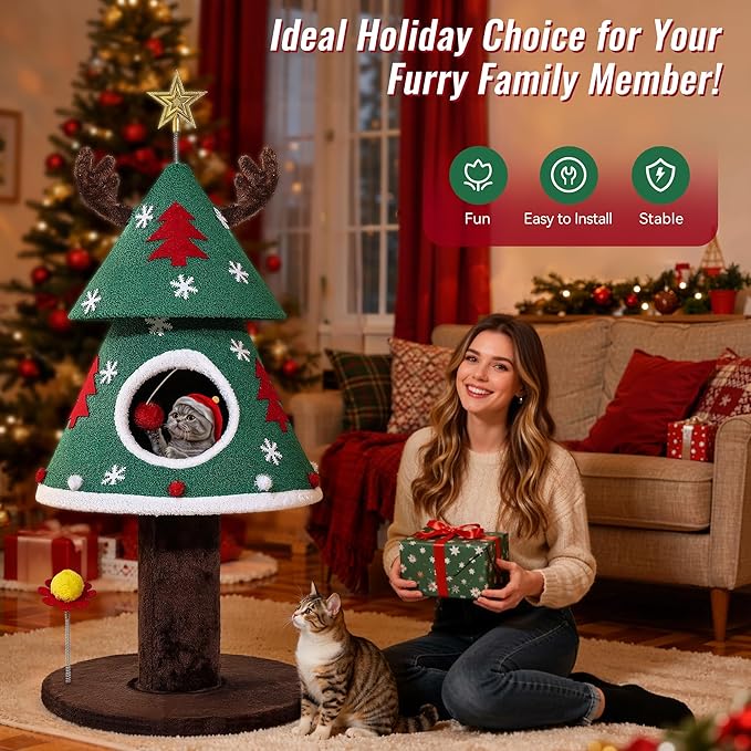 YITAHOME Christmas Cat Tree, 47.2in Christmas Tree Cat Tower with Teaser Ball, Festive Kitty Bed Furniture for Small Cats