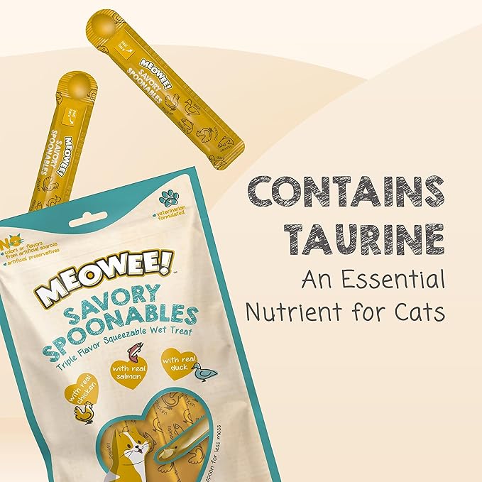 MEOWEE! Savory Spoonables with Real Chicken, Salmon and Duck for Cats, 8 Count, Treat Your Cat to Triple Flavor Squeezable Lickable Wet Treats with Built-in Spoon for Less Mess