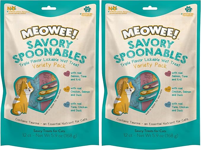 MEOWEE! Savory Spoonables Variety Pack, 12 Count Tube, Triple Flavor Squeezable Lickable Wet Treats for Cats with Built-in Spoon for Less Mess (Pack of 2)