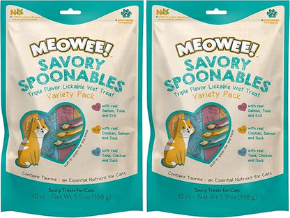 MEOWEE! Savory Spoonables Variety Pack, 12 Count Tube, Triple Flavor Squeezable Lickable Wet Treats for Cats with Built-in Spoon for Less Mess (Pack of 2)