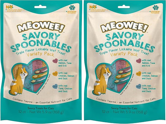 MEOWEE! Savory Spoonables Variety Pack, 12 Count Tube, Triple Flavor Squeezable Lickable Wet Treats for Cats with Built-in Spoon for Less Mess (Pack of 2)