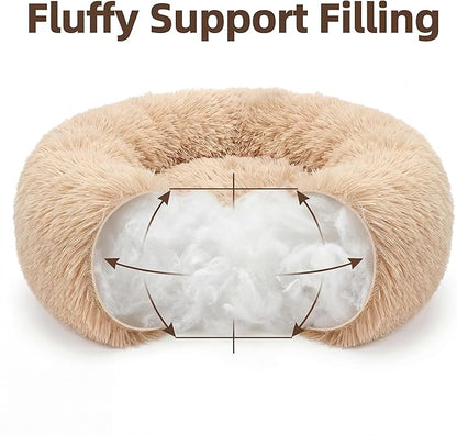 Extra Small Dog Bed 19 Inch,Calming Donut Puppy Bed,Ultra Soft Faux Fur Round Dog Bed for Chihuahua Yorkie Maltese Pomeranian,Light Brown