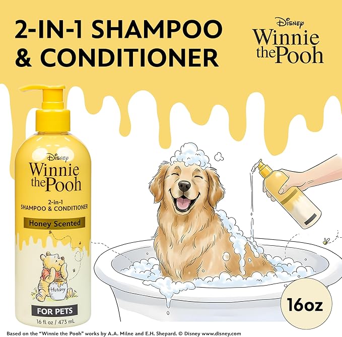Disney Winnie The Pooh 2-in-1 Dog Shampoo and Conditioner, Honey Scented Shampoo Plus Conditioner for Dogs, Gentle Care with Oatmeal, Baking Soda, Coconut Oil, 16oz