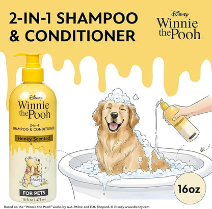 Disney Winnie The Pooh 2-in-1 Dog Shampoo and Conditioner, Honey Scented Shampoo Plus Conditioner for Dogs, Gentle Care with Oatmeal, Baking Soda, Coconut Oil, 16oz